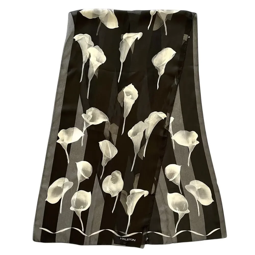 Vintage Halston Calla Lily Italian Striped Chiffon Opaque Monochrome Long Scarf